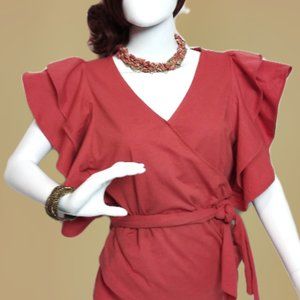 INC (Macy's) Ruffle Faux Wrap Top+ Chic Necklace